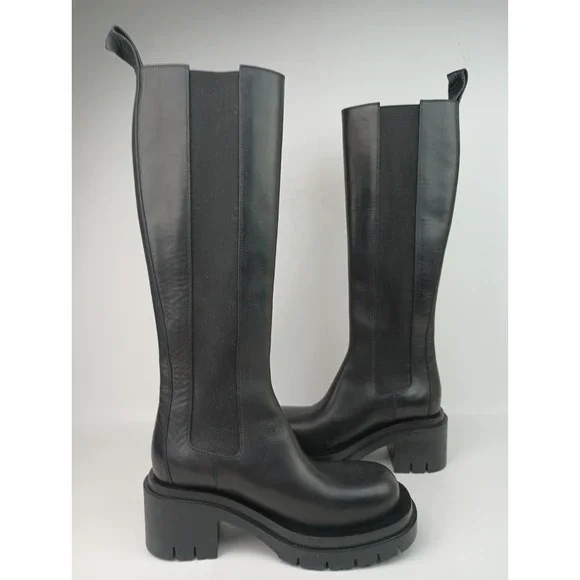 Bottega Veneta Tall Lug High Top Chelsea Boots Black Leather Chunky Size 38.5